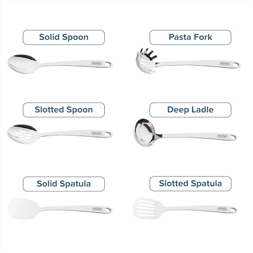 Image of Viking Kitchen Utensils Set, 6 Piece Stainless Steel Cooking Utensil Set, Includes Spatulas, Spoons, Pasta Fork, and Deep Ladle, Hollow Forged, Silver