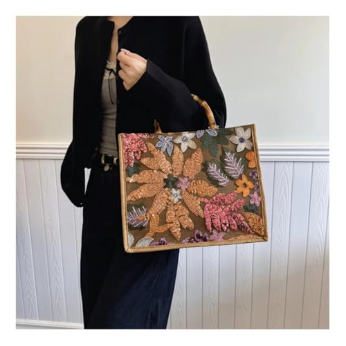 Sequins Embroidery Tote Bag Vintage Bamboo Handle Women Handbags Casual Linen Summer Beach Large Capacity Shopper Purse3