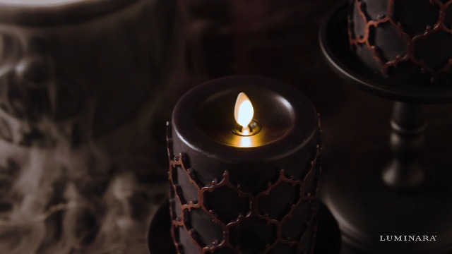 Image of Luminara Black Embossed Fretwork 3.5 inch x 4.5 inch Pillar, AA Battery Operated w /Timer Function, Flickering Flameless LED Light Real Wax Candle for Indoor Home Decoration, for Dining Room Table Centerpiece