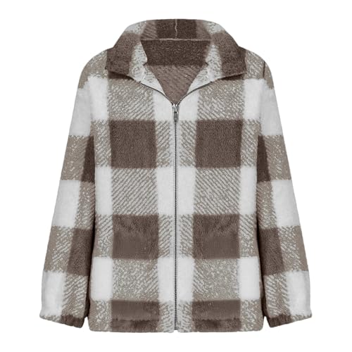 Womens Fleece Zip Up Jacket Trendy Long Sleeve Plaid Sherpa Shacket Plus Size Lightweight Warm Fuzzy Fall Coats4
