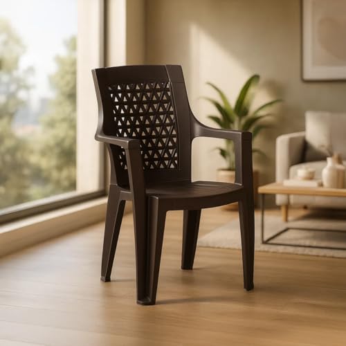 Image of Nilkamal Elevate Plastic Chair with Arm | Set of 4 | Stackable Chair | for Living Room, Bed Room, Kitchen, Balconies, Outdoor | Season Rust Brown