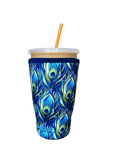 Image of Iced Coffee Sleeve, Insulated Neoprene Cup Sleeve, Fits a 32 Oz. Coffee Cup, Washable and Reusable, Iced Coffee Accessories, Large Peacock