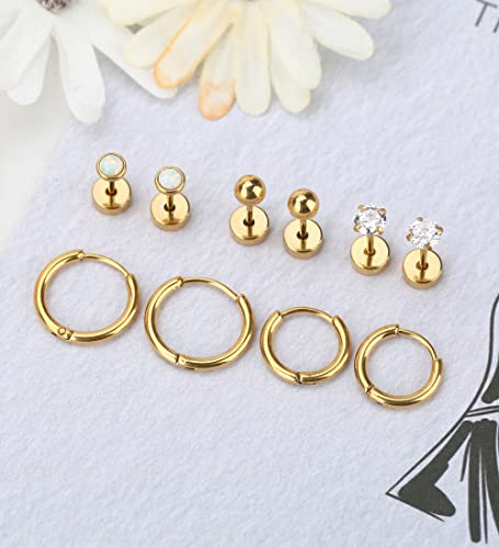 Mjust Titanium Earrings For Sensitive Ears 20G Titanium Stud Earrings And Hoop Earrings Ball Opal Cubic Zirconia G23 Pure Titanium Cartilage Earrings Hypoallergenic Flat Back Earrings(Gold) #TOP4