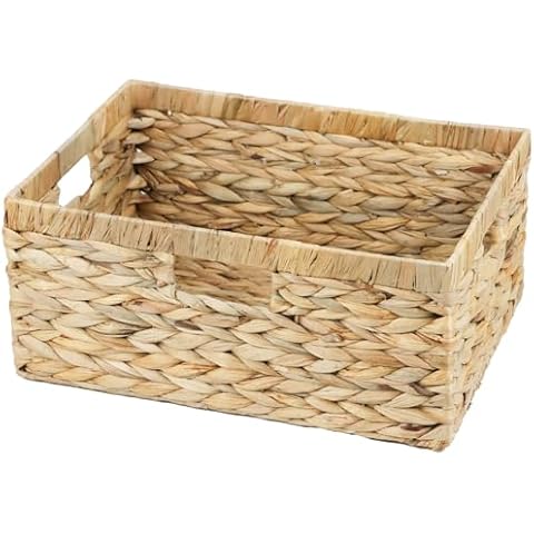 Large Wicker Basket, Water Hyacinth Wicker Storage Basket for Organizing, Rectangular Storage Baskets for Shelves, Rattan Woven Basket with Built-in Handles, 1 Pack (Natural, Large) Cover