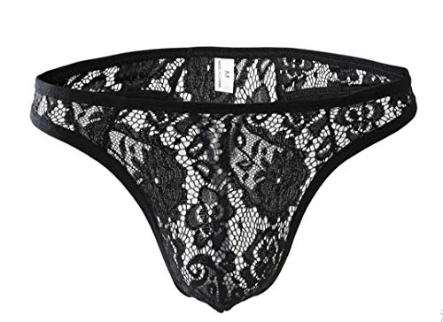 Kwelt Homme sous-Vêtement Sexy String Caleçon Transparent Dentelle Floral Thong Slip G-String avec Bulge Poche, Noir, Asien M / EU S Cover