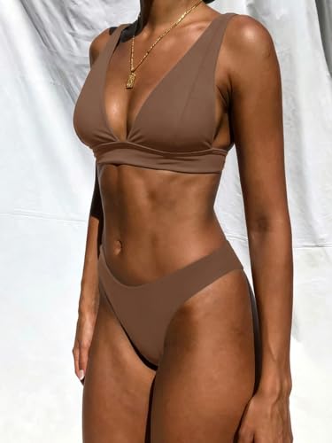 Image of Bathing Suits for Women Deep V Neck Sexy Two Piece Bikini Sets for Women Thong Halter Cheeky Swimsuit