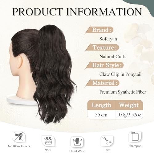Sofeiyan 14'' Ponytail Extension Curly Clip in Claw Hair Extensions Natural Wavy Looking Synthetic Hairpiece for Women Dark Brown - Image 2