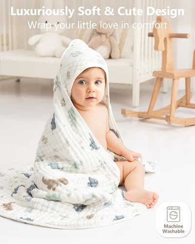 Image of Baby Bath Towels, 100% Muslin Cotton Hooded Baby Towels for Newborn, 2 Pack Baby Towels with Hood for Infant Toddler and Kids, Large 32x32Inch Unisex Bath Essentials, Soft and Absorbent