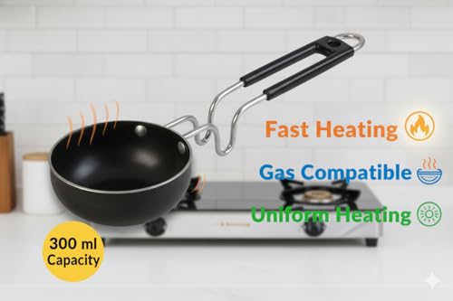 Image of Iron Sauce Pan with Steel Long Handle, Black, Gas Compatible, Fast Heating, Mini (300 ml) Tadka Pan | Vaghar | Chouk Pan Ideal for Tadka, Seasoning & Frying | Lightweight & Durable