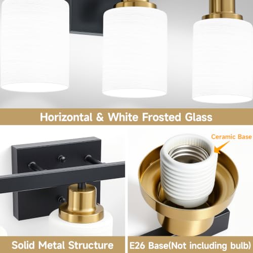 Image of 3-Light Vanity Lights Black and Gold Bathroom Light Fixtures 17in | White Frosted Ribbed Glass Shade Modern Black Vanity Lights Bathroom Lighting Fixtures over Mirror Wall Sconces E26 Base