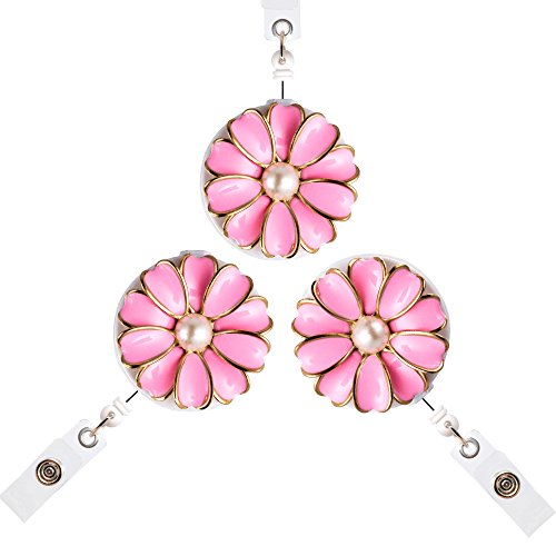 Qinsuee Retractable Badge Holder, Id Badge Reel With Pearl, 3 Pack (Pink) #TOP1