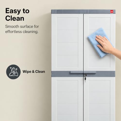 Image of Cello Novelty Big Plastic Cabinet with Dustproof Doors| 3 Year Warranty | Almirah, Cupboard, Wardrobe for Home, Living Room, Bedroom, Kitchen, Office, Outdoor| White & Grey Colour