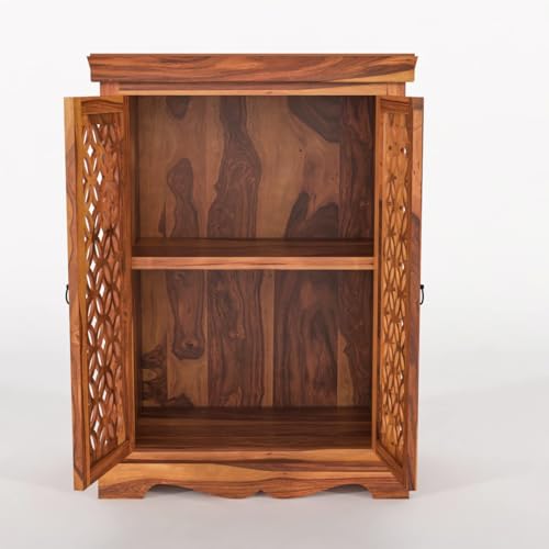Image of Solid Sheesham Wood Sideboard and Cabinets | Wooden Side Board Small for Living Room | Free Standing Buffet Cabinet with 2 Door Cabinet Storage | Rosewood, Natural Finish