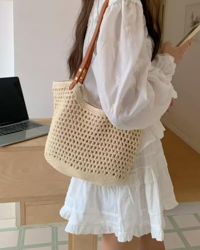 Bolso de playa tejido a ganchillo de paja, bolso tote bohemio con forro impermeable para vacaciones de verano, viajes y uso casual, bolso ligero de hombro miniatura 3