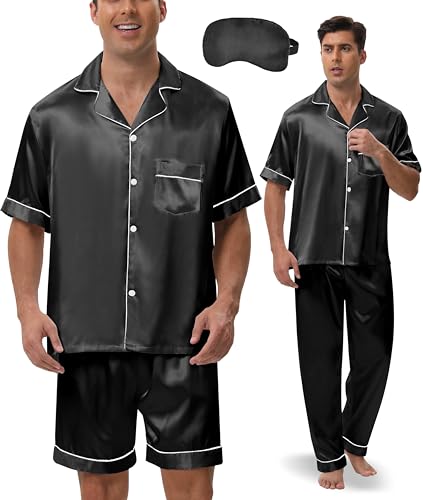 Silk Pajamas for Men 3 Piece Mens Summer Satin Pajamas Set Short Sleeve Men's Sleepwear with Pants Eye Mask