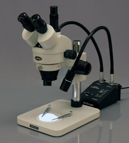 Image of AmScope SM-1TSW2-L6W-10M Digital Professional Trinocular Stereo Zoom Microscope, WH10x and WH25x Eyepieces, 3.5X-225X Magnification, 0.7X-4.5X Zoom Objective, 6W Dual-Gooseneck LED Light, Pillar Stand, 85V-265V, Includes 0.5X and 2.0X Barlow Lenses, Includes 10MP Camera with Reduction Lens and Software