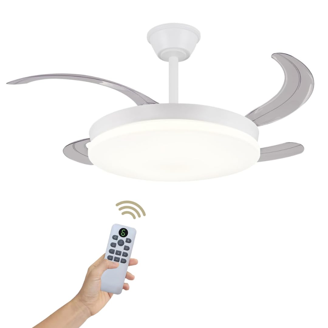 LUMIKING Ventilador de Techo con Luz LED 72W Retráctil y Silencioso - Lámpara con Aspas Plegables, 3 Tonos de Luz (3000-4000-6000K), 6 Velocidades, Memoria, Modo Verano Invierno, Ø108 cm