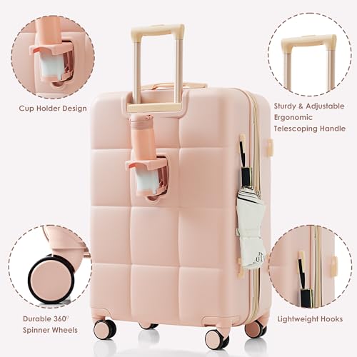 Luggage Sets 4 Piece, 20-inch with USB Port, Expandable ABS Durable Suitcase with Travel Bag, Cup Holder, ABS Hard Shell Luggage with Spinner Wheels, Pink4