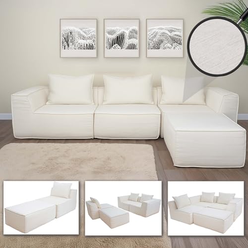 Mendler Set di divani componibile HWC-O54, divano sofa lounge pouf ottomano penisola, stoffa/tessuto 63x270x190cm - avorio