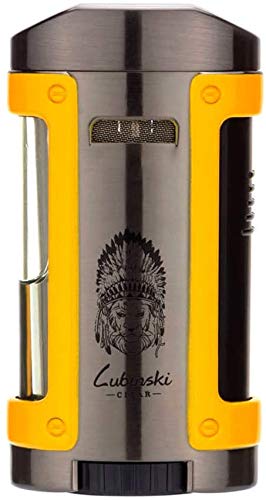 LUBINSKI Cigar Lighter + Leather Case Windproof Butane Quadruple Torch Lighter 4 Jet Blue Flame Cigarette Lighter Gift Set for Holiday Birthday Gift for Cigar Cooking BBQ Topsense (Gas Not Included)