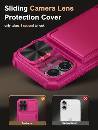 Image of Vihibii PC,Silicone For iPhone 16 Case Wallet With Card Holder(4 Cards)[RFID Blocking] & Slide Camera Cover & Raised Edges Protect Screen,Shockproof Rugged Phone Case For iPhone 16 6.1 inch 2024,Pink