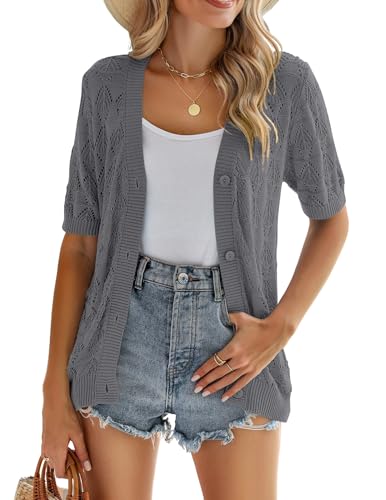 Image of Zeagoo Women's Short Sleeve 2026 Summer Crochet Cropped Cardigan V Neck Button up Bolero Shrug Sweater