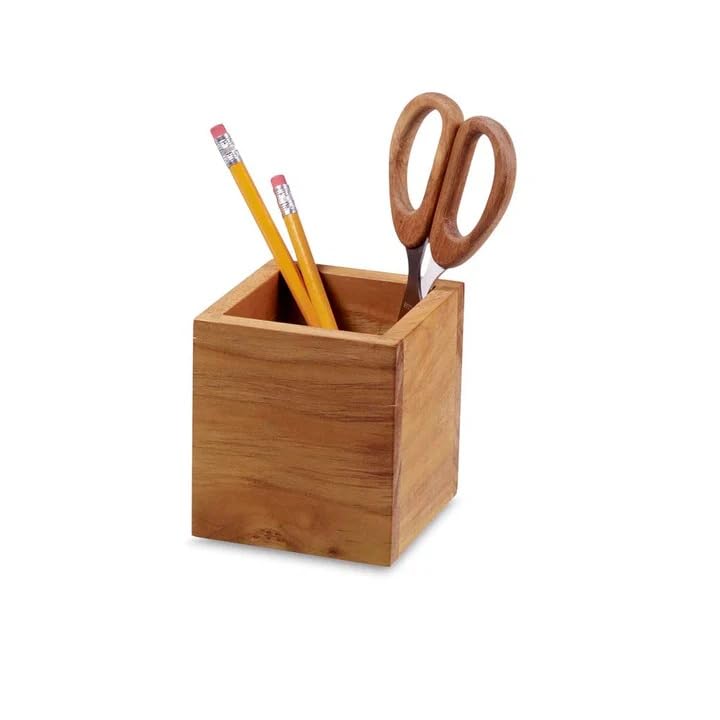 Image of Solid Wood Pen Holder for Office Table | Acacia Wood Desk Organizer | Multipurpose Stationery Holder | Natural Finish | 4'' H x 3.5'' W x 3.5'' D