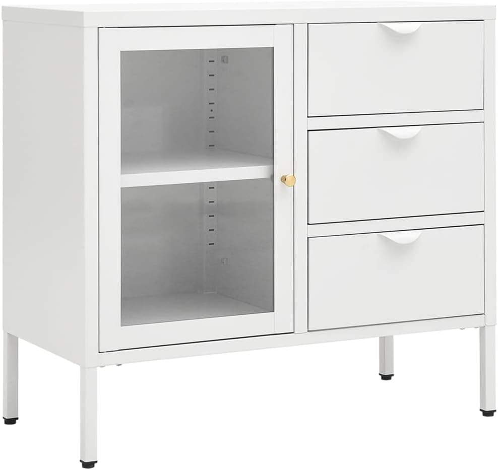 Modern White Steel Sideboard with Adjustable Shelves and Three Drawers for Living Room Bedroom Storage Furniture