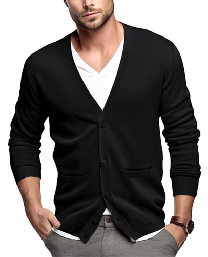 QUALFORT Men's 100% Cotton Cardigan Sweater Casual V-Neck Button Down Knitted Outerwear with Pockets Fall Fashion 2025