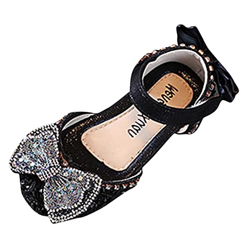 Girls' Sandals Fashion Spring and Summer Girls' Sandals Dress Dance Show Princess Shoes Flat Bottom Rhinestone Mesh Bow (Black-1, 2 Big Kids)