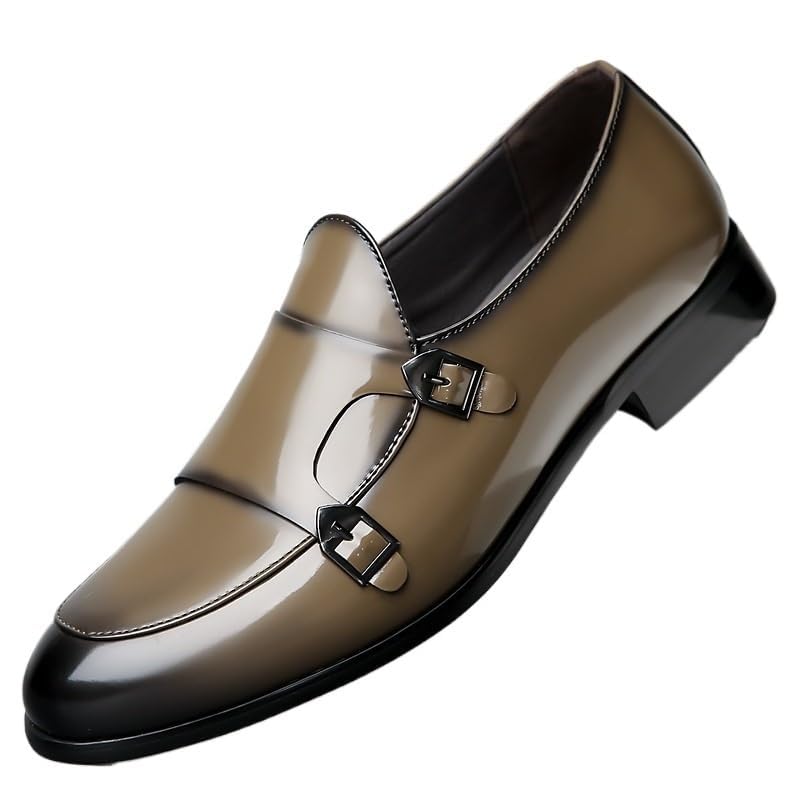 YZABEL Men's Leather Monk Buckle Formal Oxford Shoes, Patent Leather Pointed Toe Slip-On Casual Shoes, Lightweight Comfortable for Formal and Everyday Wear