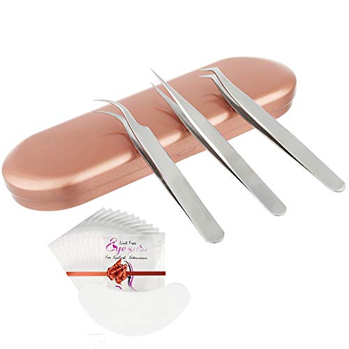 Eyenjoy Lash Eyelash Extension Tweezers Set,3 Pcs Straight and Curved Volume Lash Tweezers For Eyelash Extensions-Professional Stainless Steel Precision Tweezers Set With 10pcs Eye Pads