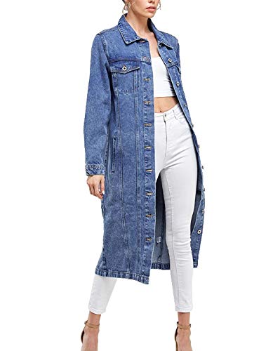vkwear Women's Long Casual Maxi Length Denim Cotton Coat Oversize Button Up Jean Jacket2