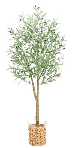 Zvezvia Olivier Artificiel 150cm avec Pots de Fleurs Tressés, Grande Plantes Artificielles Interieur Plante Verte Artificielle, Faux Olivier Arbre pour Maison Salon Chambre Bureau Balcon