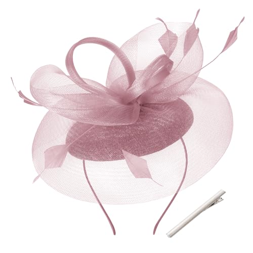tiggell Fascinators Tea Party Hat for Women Pillbox Hat with Feather Mesh Veil Headband Clip for Wedding Church Cocktail Nude Pink