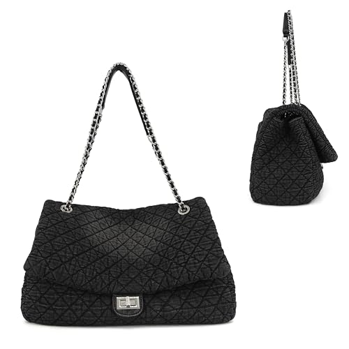 Image of M-ioi-M Extra Large Quilted Denim Purse,Oversize Shoulder Bags for Women, Crossbody Flap Hobo Tote Bag,Chain Strap Jean Purse