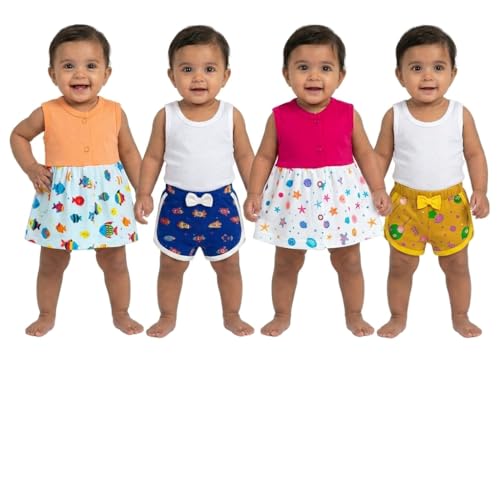 Image of VParents Cotton Knee-Length Sleeveless Girls Frock with Matching Shorts Soft, Comfortable, Multicolour Summerwear Set for Babies