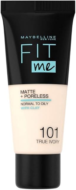 Maybelline New York Fit Me Matte+Poreless matujący podkład dla skóry mieszanej i tłustej, fluid z glinką kosmetyczną, naturalny mat bez świecenia, 101 True Ivory, 30 ml