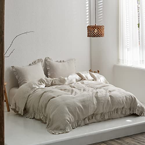 Simple&Opulence 100% Washed French Linen Duvet Cover Set-Queen Size-3 Pieces Premium Ruffled Farmhouse Bedding 1 Comforter Cover And 2 Pillowshams Natural Flax High End Floral Frill Sets,Natural Linen #TOP6