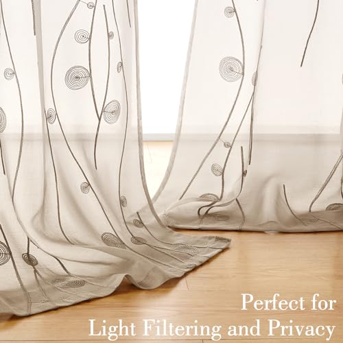 HOMEIDEAS Taupe Sheer Curtains 52 X 84 Inches Length 2 Panels Beige Embroidered Wave Line with Spiral Pattern Pocket Faux Linen Semi Sheer Voile Window Curtains/Drapes for Bedroom Living Room