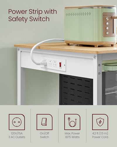 Image of VASAGLE Kitchen Island with 3 Shelves, Kitchen Shelf with Power Strip, 23.6 x 39.4 x 34.9 Inches, Large Worktop, Steel Structure, Industrial, Easy to Assemble, Oak Color and White UKKI105Y01