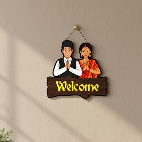 Image of EXPLEASIA Welcome Nepali Couple Decorative Wall Hanging Wooden Art Decoration Item for Home Office Living Room Decoration Items Home Decor Wall Art Wall Decoration (Multicolor)