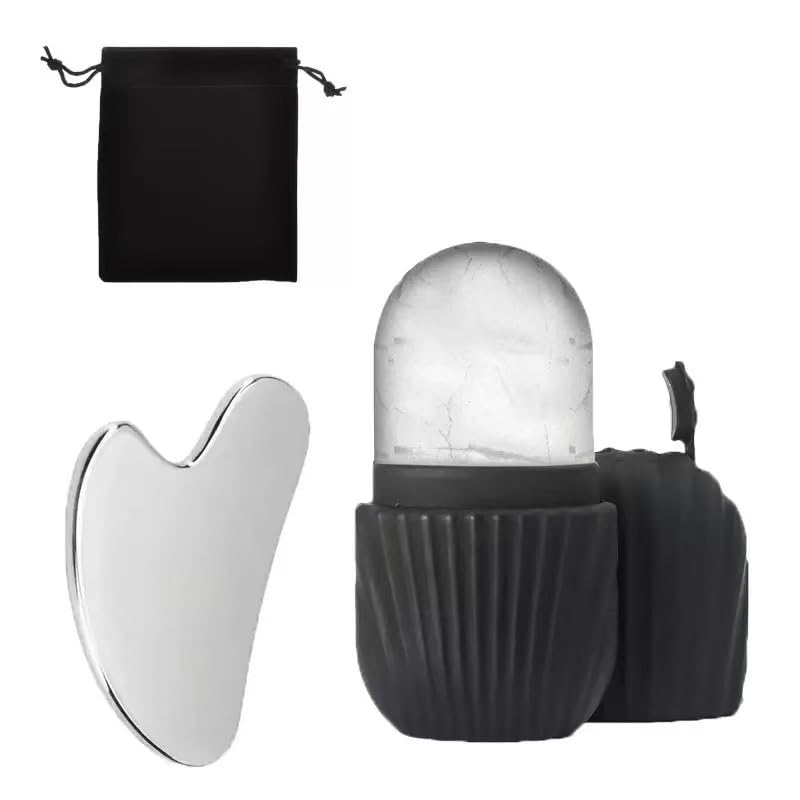 Silicone Ice Face Roller & Stainless Steel Gua Sha Tool Set with Storage Bag 2PCS Ice Face Roller Set with Gua Sha and Ice Mold Cooling Facial Massage Tools for Depuffing and Face Contouring