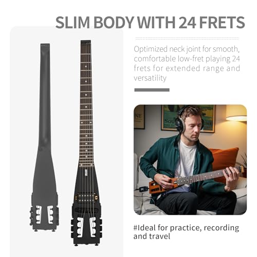 Anygig Travel Electric Guitar Headless – Portable Ultra-Light and Quiet, Full-Scale 25.5” Rosewood Fingerboard, Glow Humbucker, Gig Bag, Removable Stands for Left and Right Black - Image 2