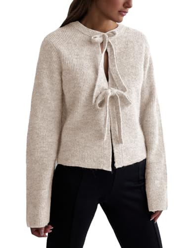 Women's Cropped Ribbed Knit Cardigan Long Sleeve Bow Tie Front Open Front Knitwear Tops