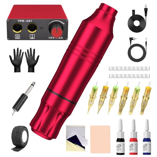 Kit de Maquillaje con Bolígrafo, Blackbudda Kit de Maquillaje Rotativo para Profesionales con Potencia y Pigmento, 20pcs Agujas de Cartucho (Rojo)