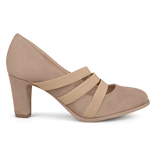 Brinley Co. Womens Levin Faux Suede Comfort Sole Chunky Heel Almond Toe Triple Elastic Strap Heels Taupe, 8 Regular US