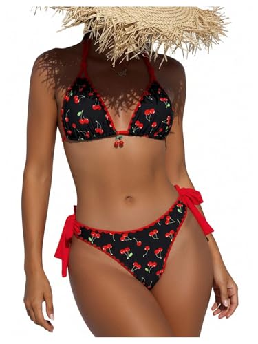 WDIRARA Womens Cherry Print Two Piece Swimsuit Triangle Halter Bikini Set Tie Side Bathing Suit Black Medium