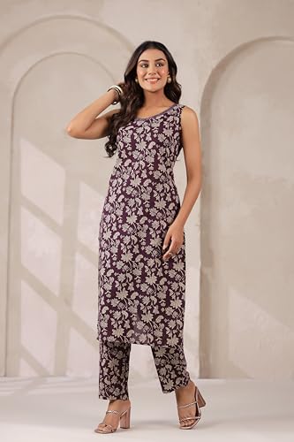 Image of Women's Cotton Wine Floral Kurta Set