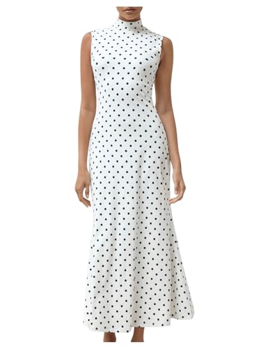 Milumia Women's Polka Dots Maxi Tank Dress Vintage Mock Neck Sleeveless Elegant Long Dresses Black and White Small